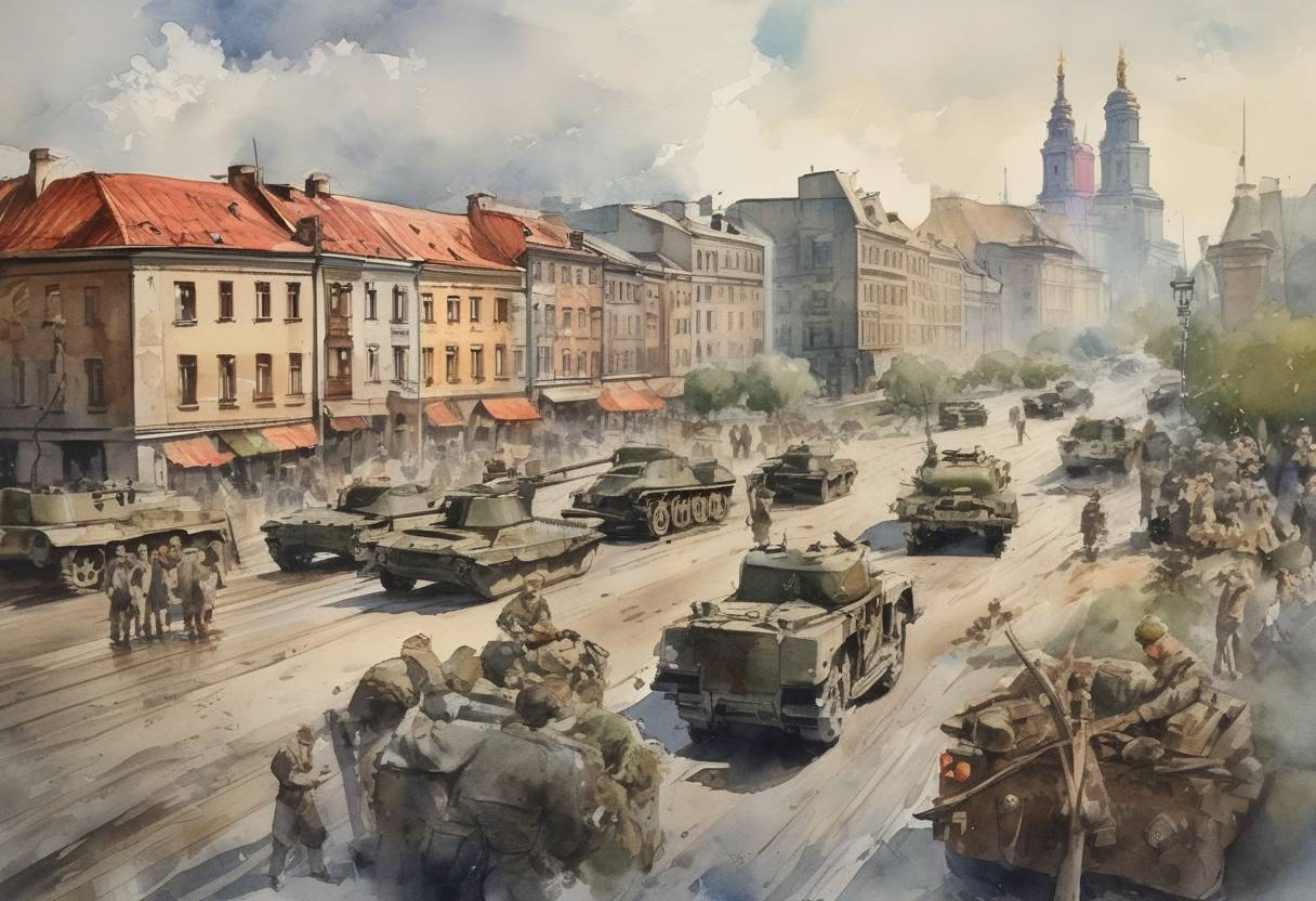 Watercolor painting based depiction of The Soviet Union captures Warsaw, Poland, from Nazi Germany during World War II. (1945)