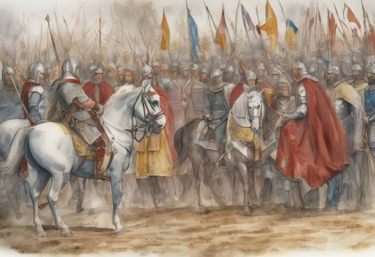 Watercolor painting based depiction of Treaty of Andelot is signed between King Guntram of Burgundy and King Childebert II of Austrasia, strengthening the alliance between the two Frankish kingdoms. (587)