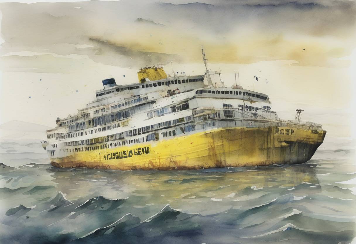 Watercolor painting based depiction of The South Korean ferry MV Sewol sank, resulting in the deaths of 304 passengers, mostly high school students. (2014)