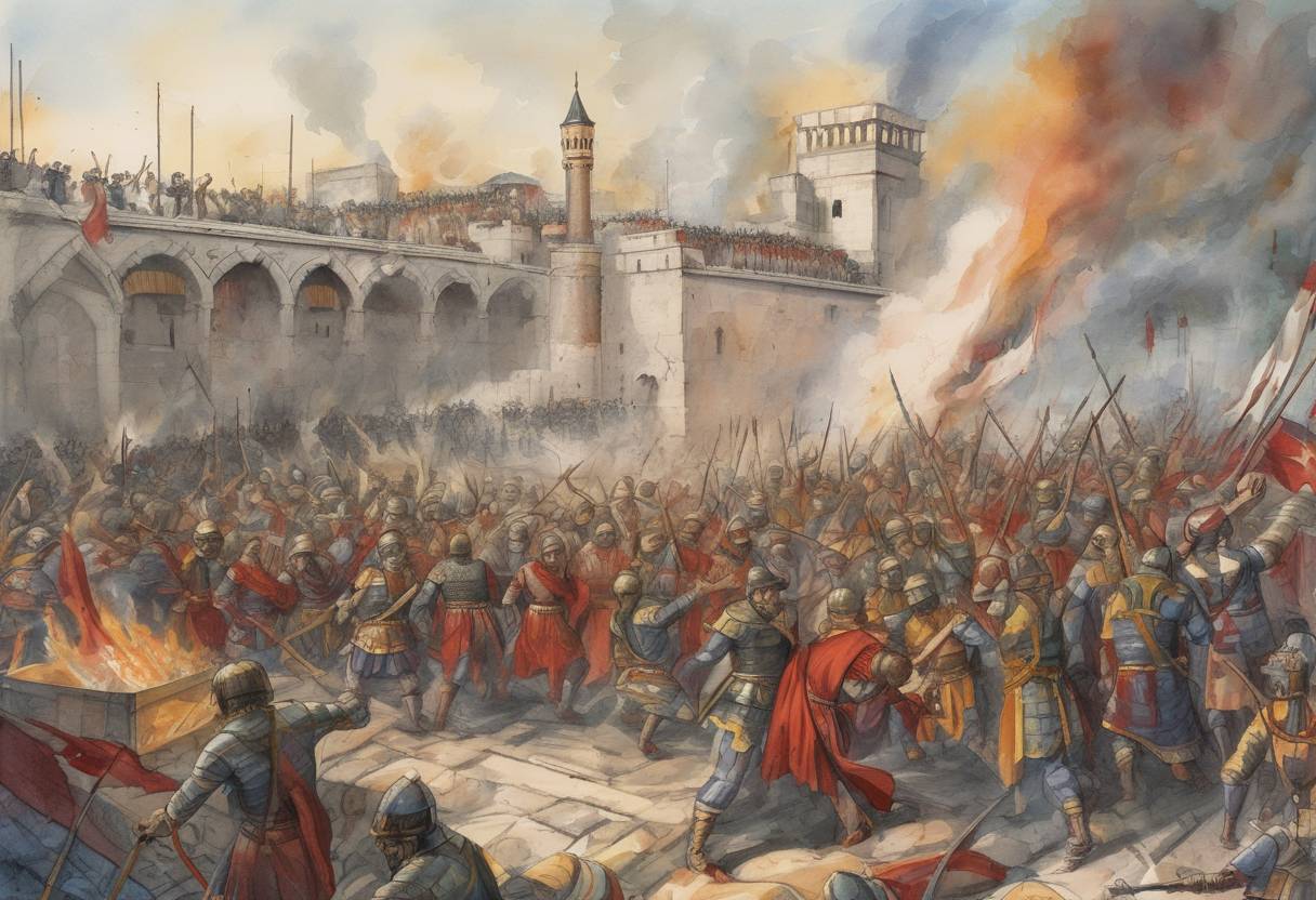 Watercolor painting based depiction of The Nika riots, one of the most violent riots in the history of Constantinople, began. The riots were sparked by political and social tensions and were named after the rallying cry 'Nika' (meaning 'Victory'). They lasted for a week and resulted in the destruction of much of the city and the deaths of tens of thousands of people. (532)