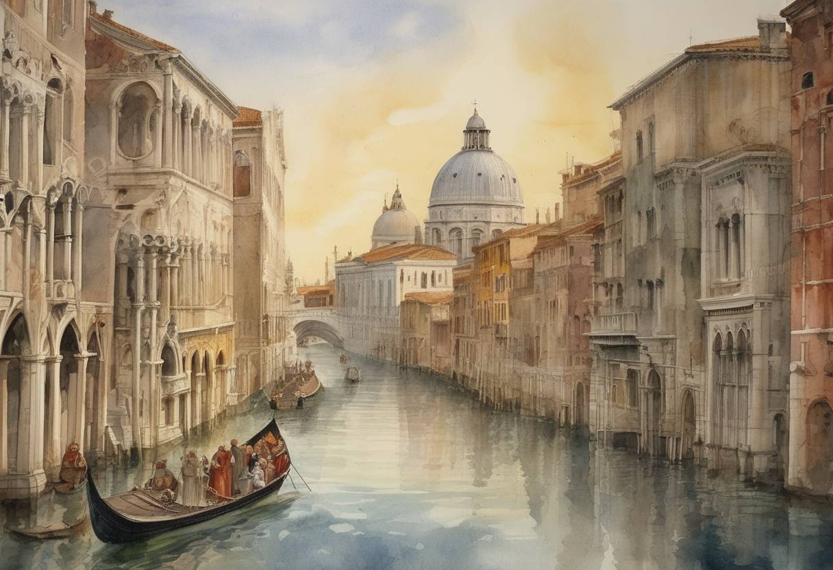 Watercolor painting based depiction of Pope Clement V excommunicated Venice and placed the city under interdict due to its refusal to return Ferrara to the Papal States. (1309)