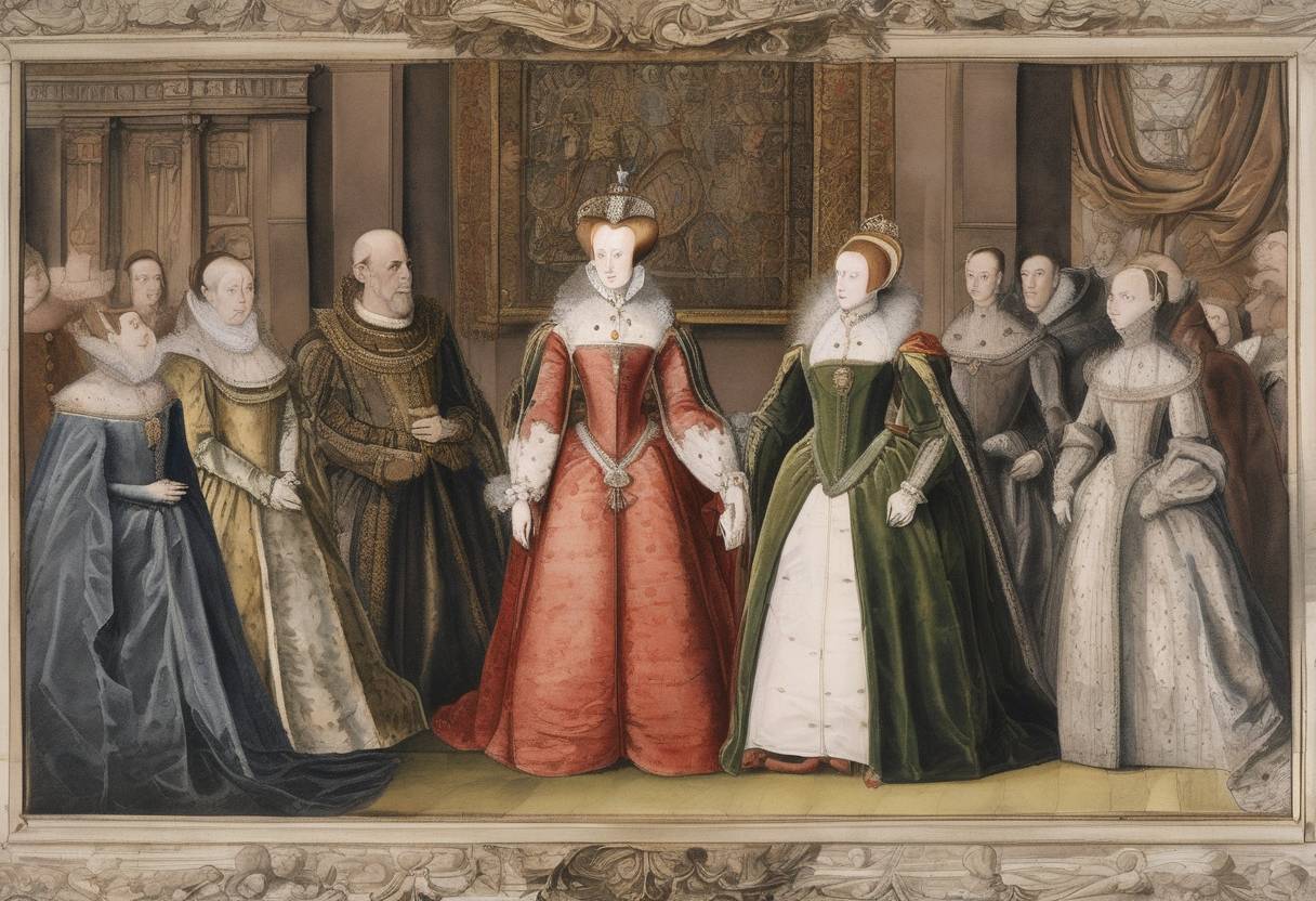 Watercolor painting based depiction of Mary I was proclaimed Queen of England, deposing Lady Jane Grey. (1553)