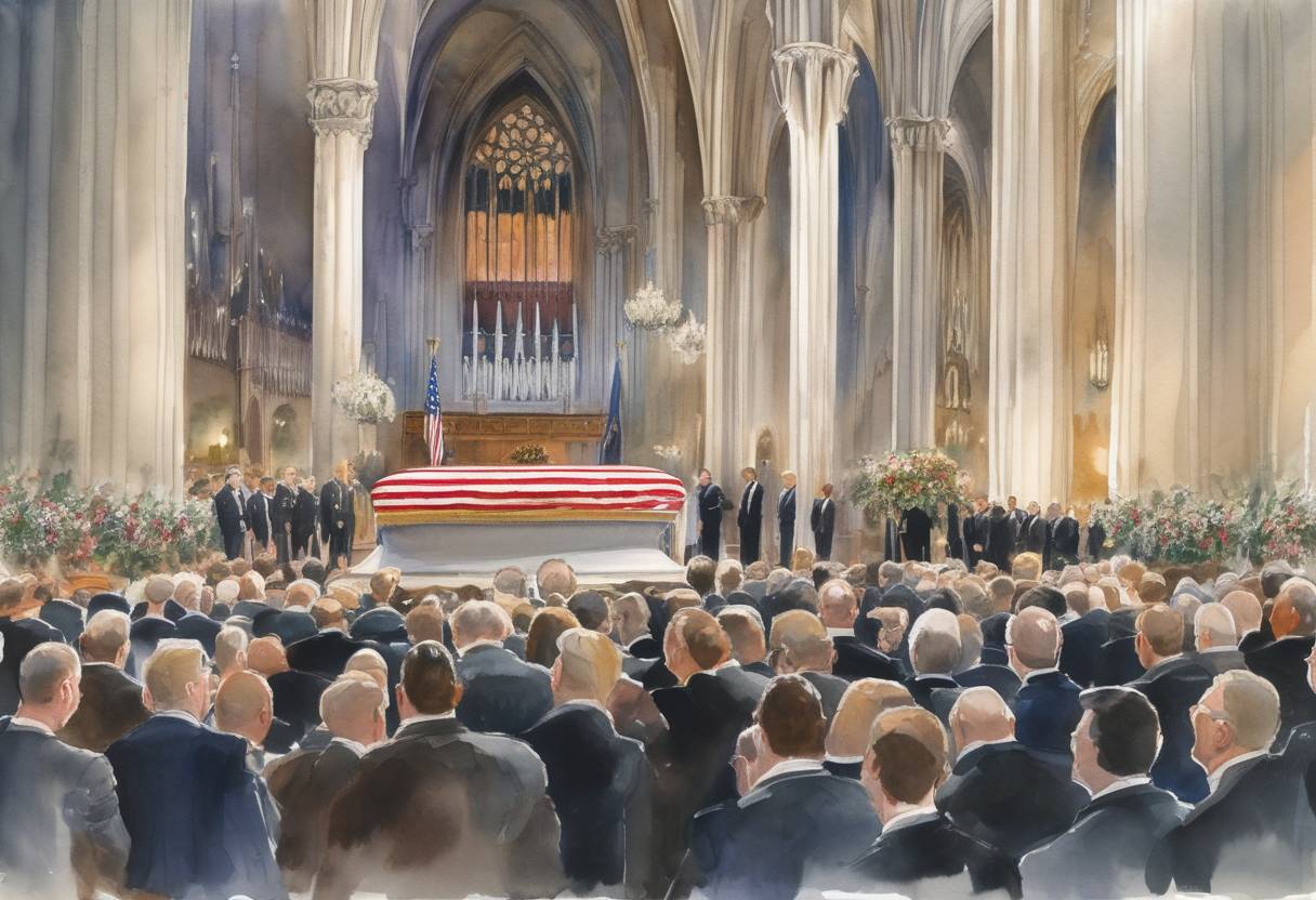 Watercolor painting based depiction of The funeral of former U.S. President Ronald Reagan takes place at the Washington National Cathedral. (2004)