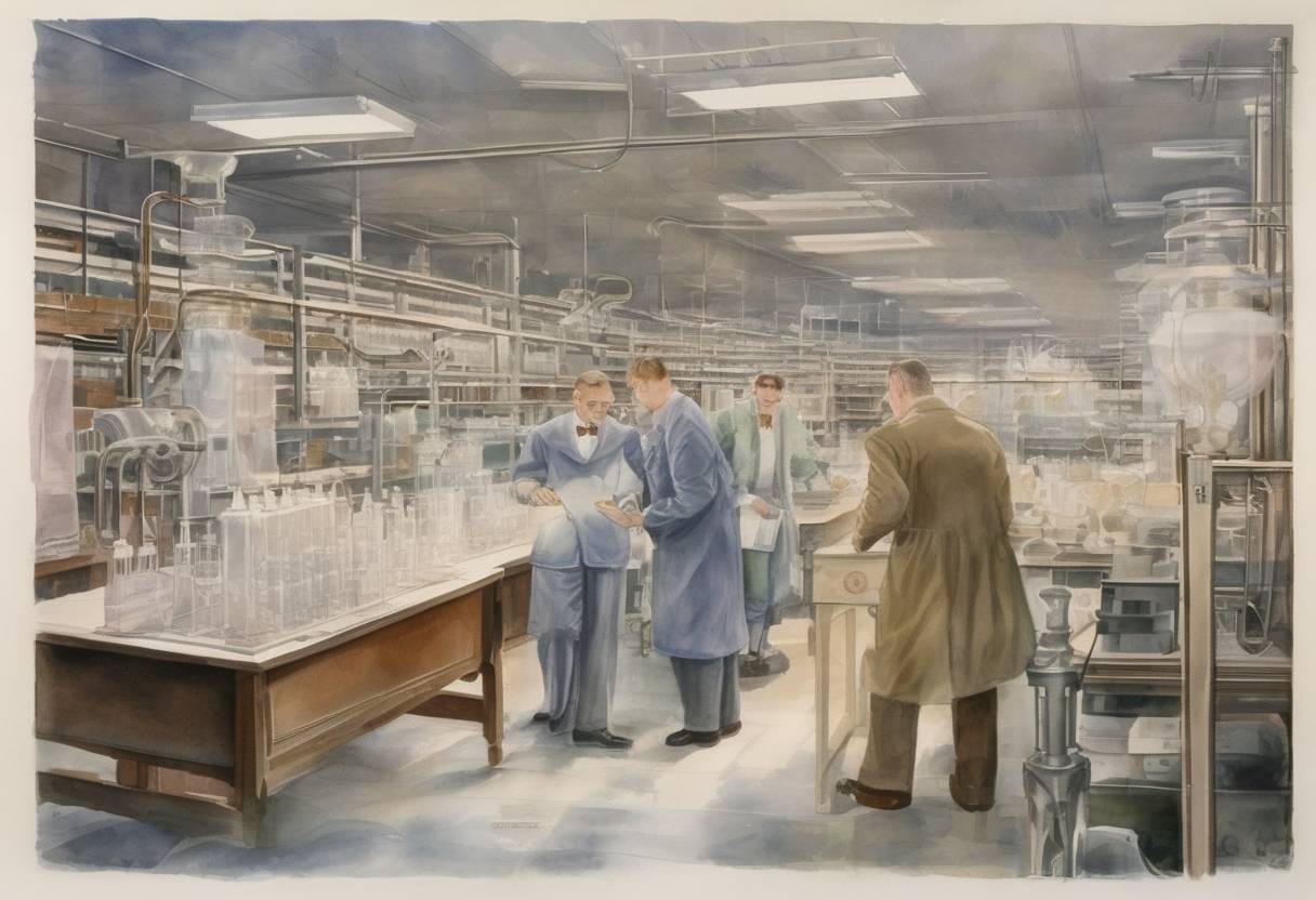 Watercolor painting based depiction of DuPont scientist Wallace Carothers invents nylon, a synthetic polymer that would revolutionize the textile industry. (1935)
