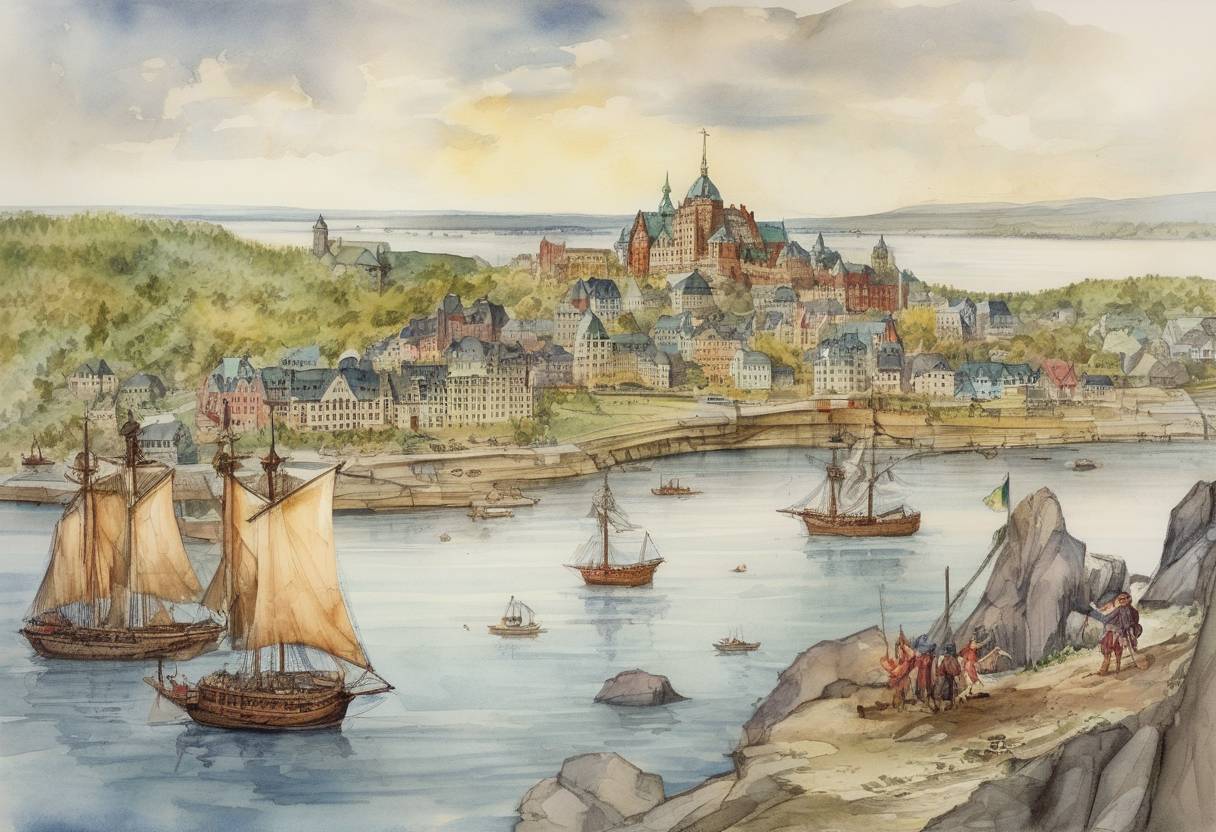 Watercolor painting based depiction of Samuel de Champlain founded the city of Quebec, which became a significant French settlement in North America. (1608)