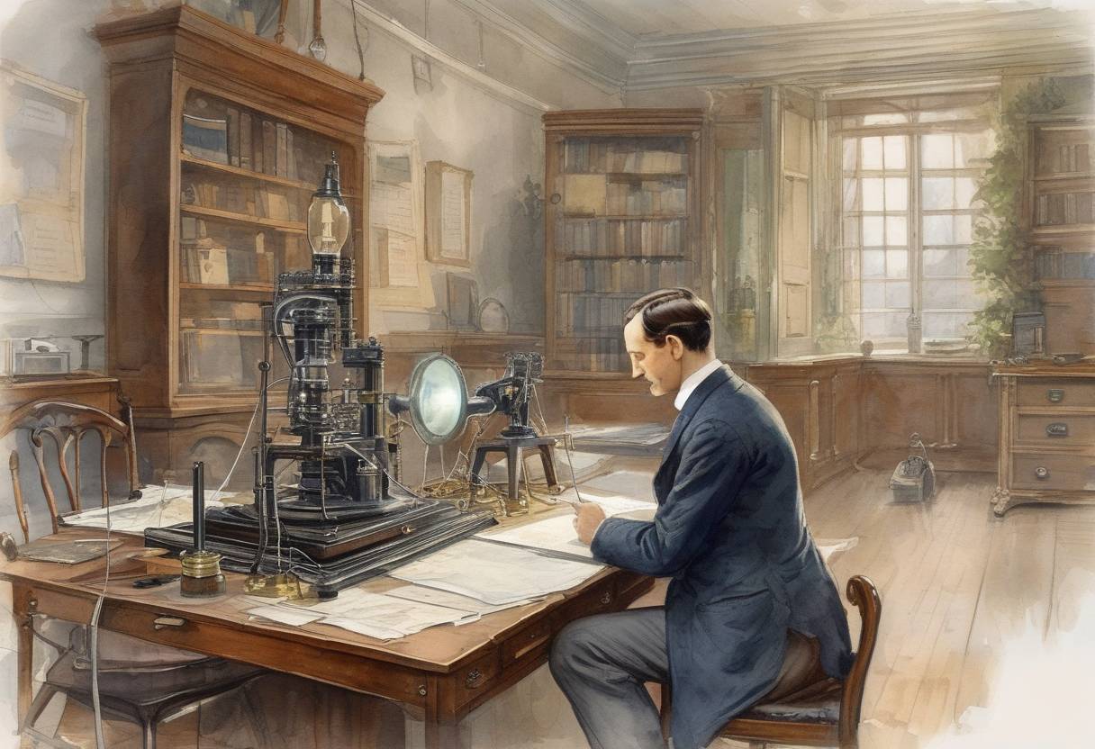 Watercolor painting based depiction of Guglielmo Marconi applies for a patent for his wireless telegraphy system in the United Kingdom. (1896)