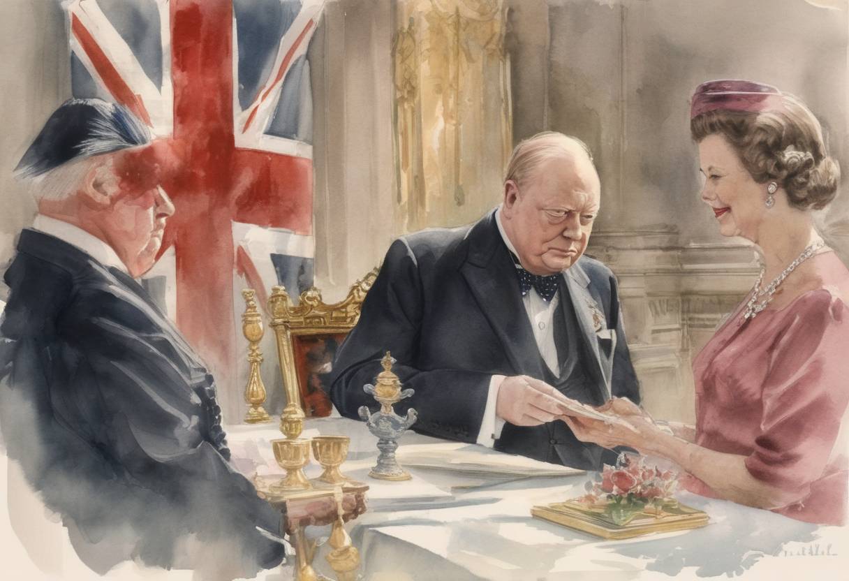 Watercolor painting based depiction of Winston Churchill was knighted by Queen Elizabeth II. (1953)