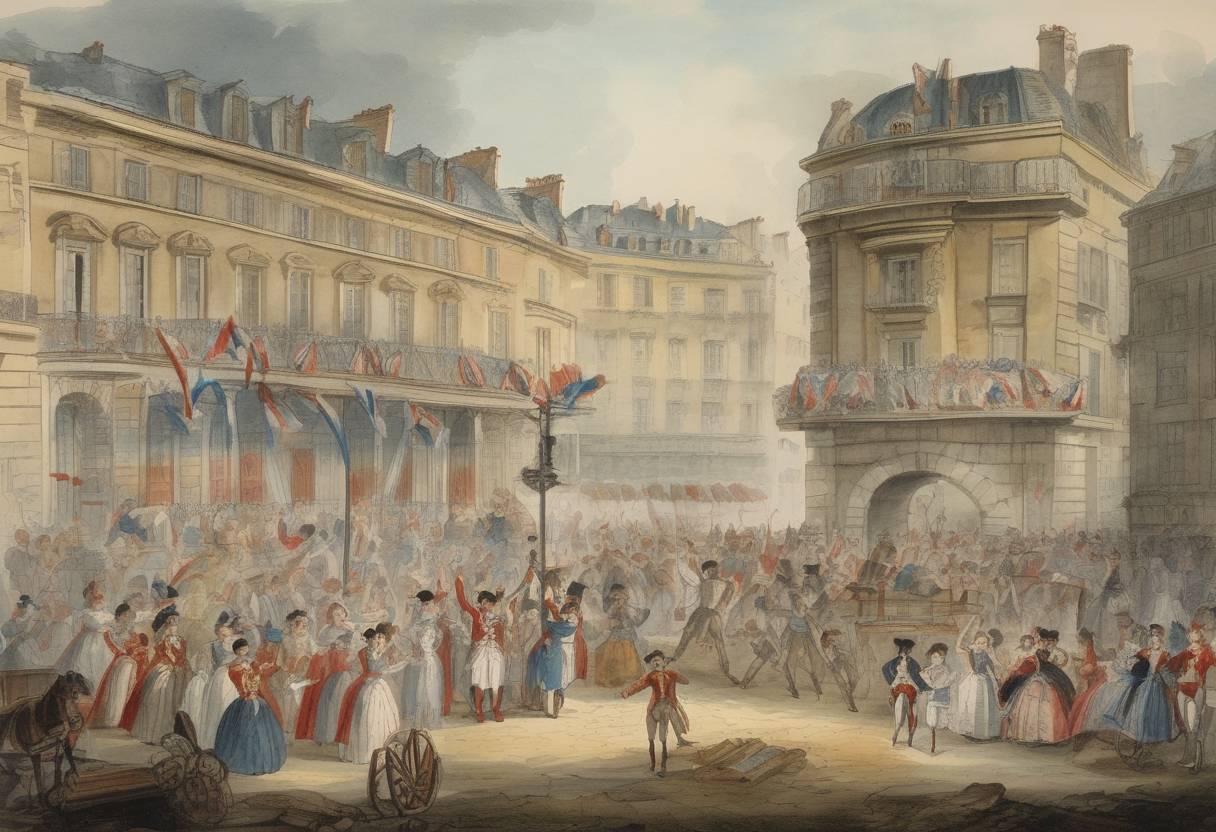 Watercolor painting based depiction of Fête de la Fédération was celebrated in France to commemorate the first anniversary of the Storming of the Bastille and the unity of the French nation. (1790)