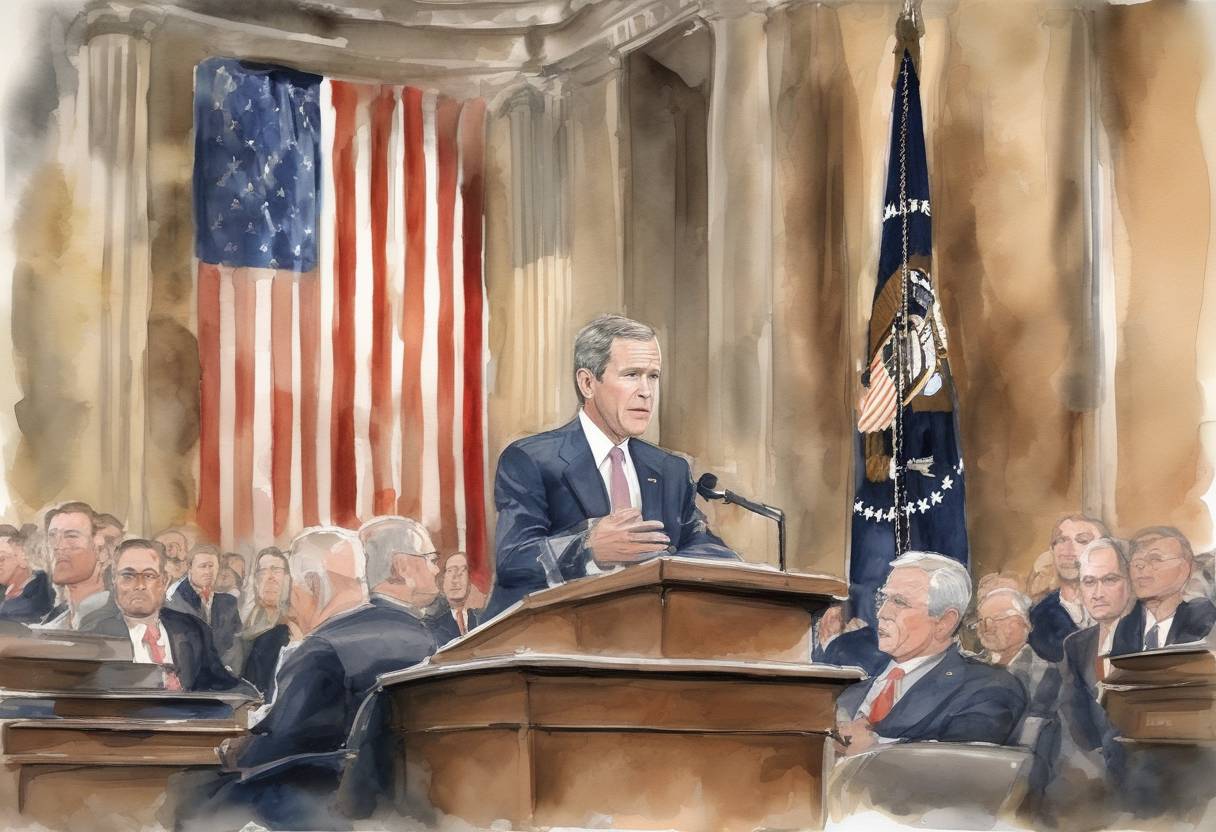 Watercolor painting based depiction of President George W. Bush delivers the State of the Union Address, where he makes the case for the Iraq War, citing the threat of weapons of mass destruction. (2003)