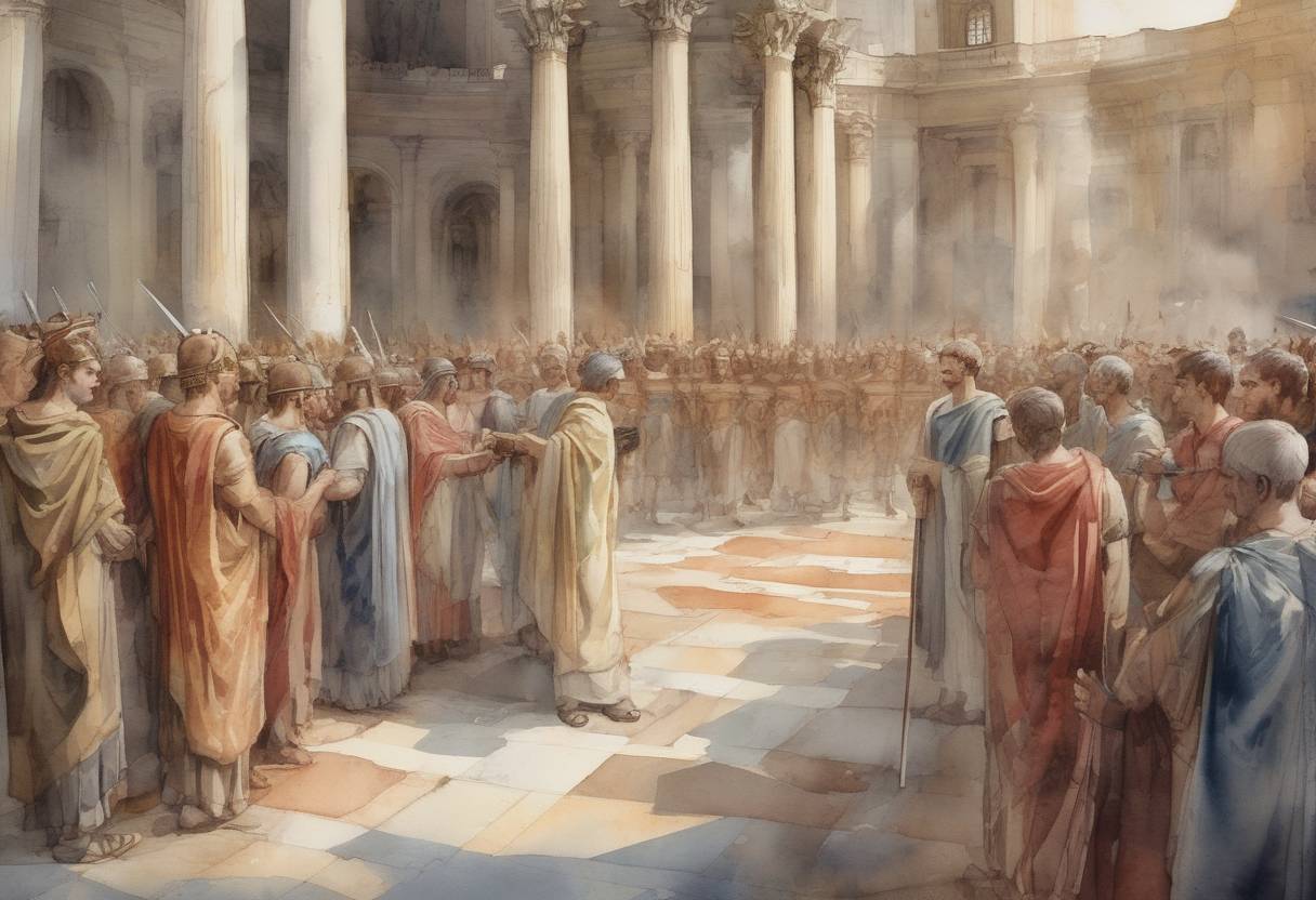 Watercolor painting based depiction of The Edict of Milan was issued by Roman Emperors Constantine I and Licinius, granting religious tolerance throughout the Roman Empire, effectively ending the persecution of Christians. (313)