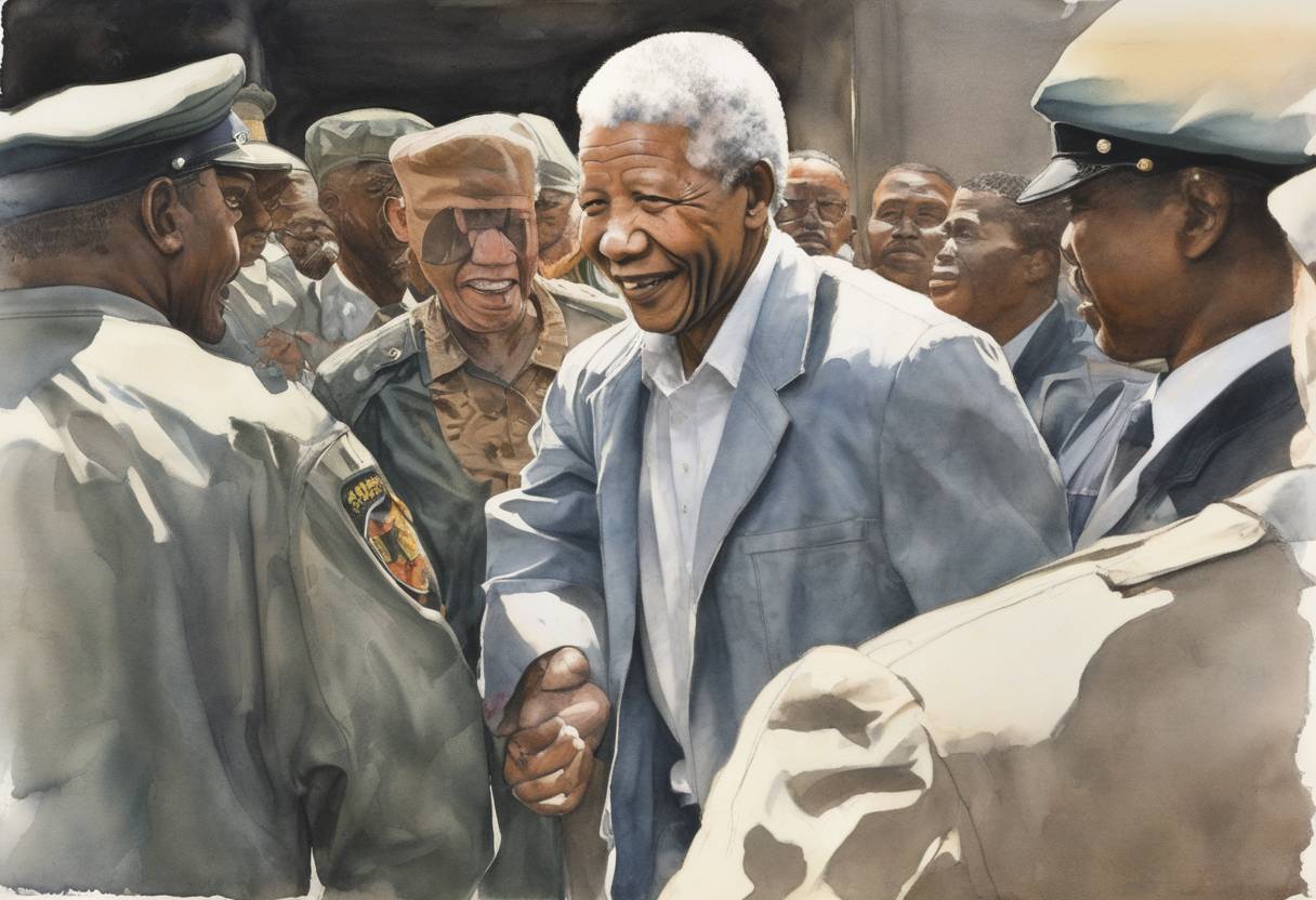 Watercolor painting based depiction of Nelson Mandela is released from Victor Verster Prison after 27 years of imprisonment, marking a pivotal moment in the dismantling of apartheid in South Africa. (1990)