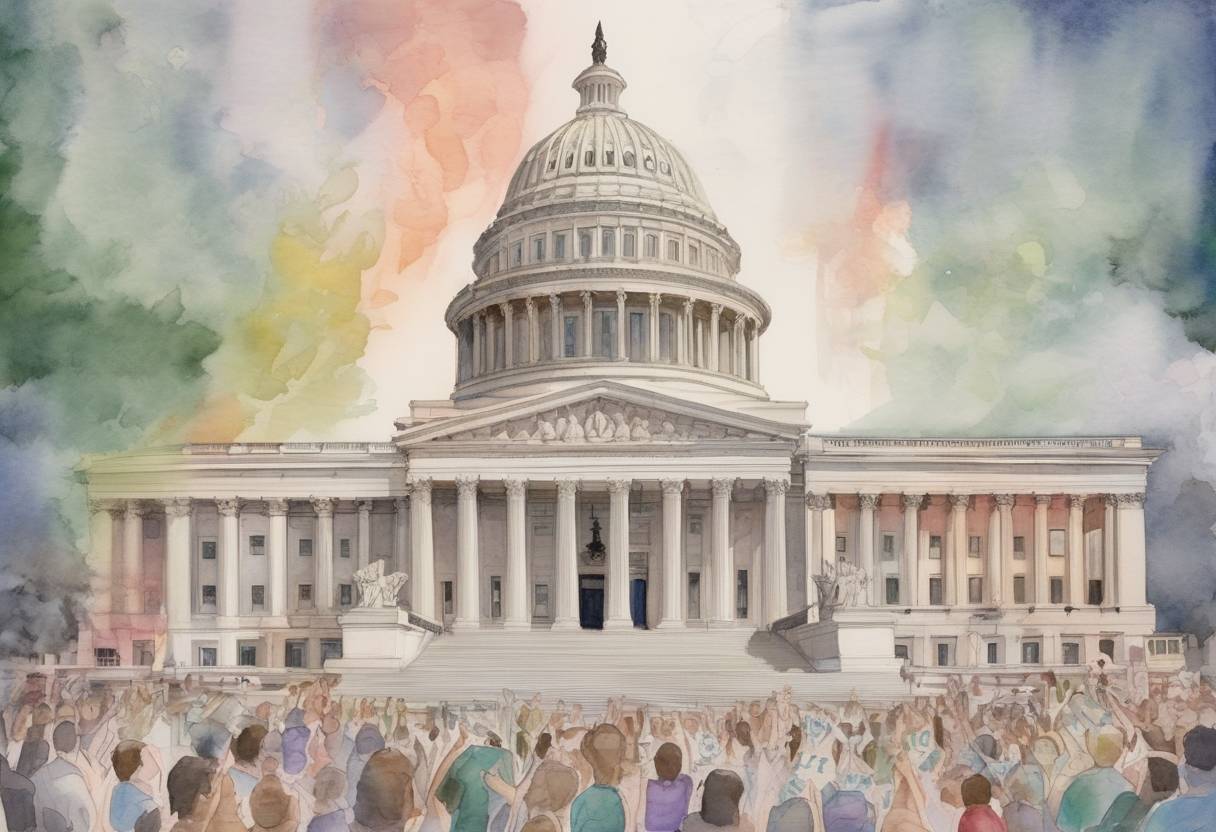 Watercolor painting based depiction of The United States Supreme Court strikes down a Texas law imposing strict regulations on abortion clinics in Whole Woman's Health v. Hellerstedt. (2016)