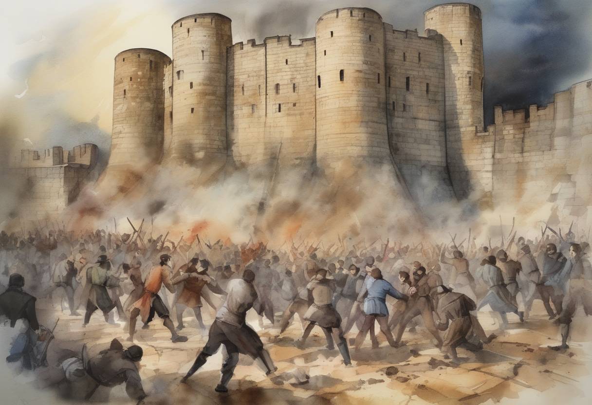 Watercolor painting based depiction of The massacre of Jews at Clifford's Tower in York, England, occurs when a mob attacks the Jewish community seeking refuge in the tower, resulting in the deaths of approximately 150 Jews. (1190)