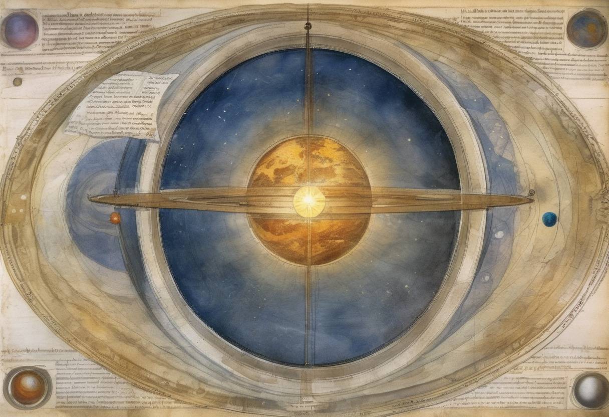 Watercolor painting based depiction of Galileo Galilei was forced by the Roman Catholic Church to recant his heliocentric view of the universe, which stated that the Earth revolves around the Sun. (1633)