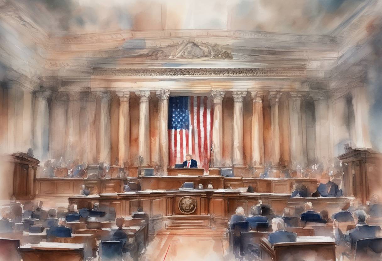 Watercolor painting based depiction of The United States Senate acquitted President Donald Trump on charges of abuse of power and obstruction of Congress, concluding the impeachment trial. (2020)