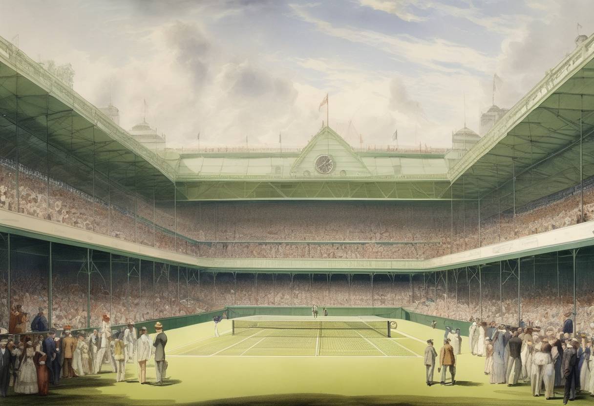 Watercolor painting based depiction of The inaugural Wimbledon Championship begins, marking the first official lawn tennis tournament. (1877)