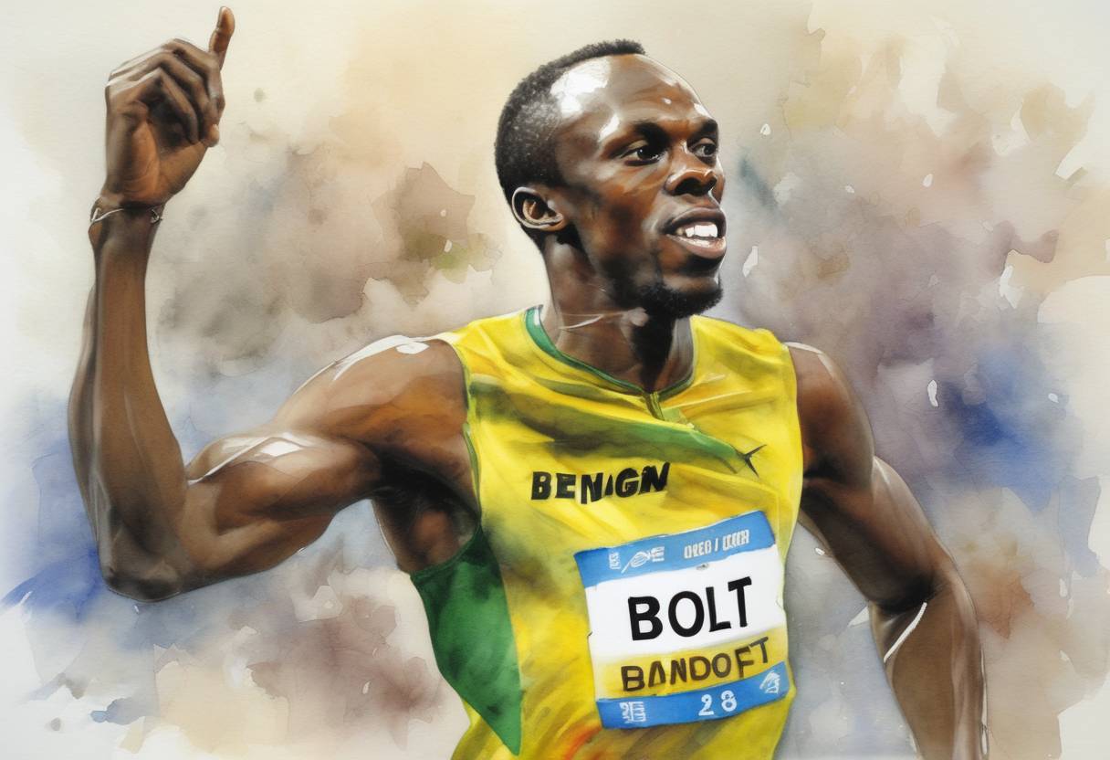 Watercolor painting based depiction of Jamaican sprinter Usain Bolt set a new world record in the men's 100 meters at the Beijing Olympics, finishing in 9.69 seconds. (2008)