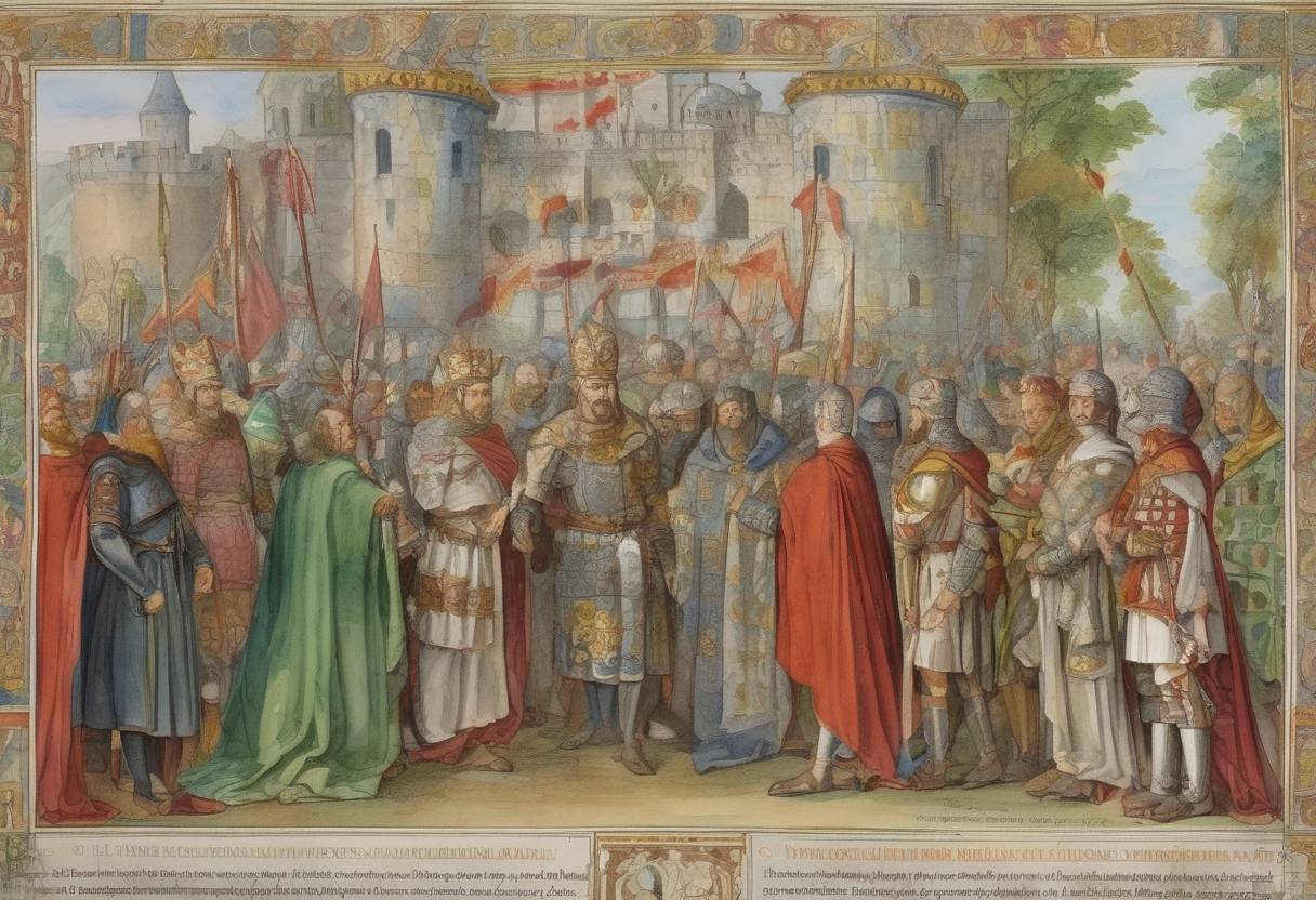 Watercolor painting based depiction of The Treaty of Meerssen was signed, dividing the Carolingian Empire among the three surviving sons of Louis the German and Charles the Bald, marking a significant moment in the fragmentation of the empire. (870)