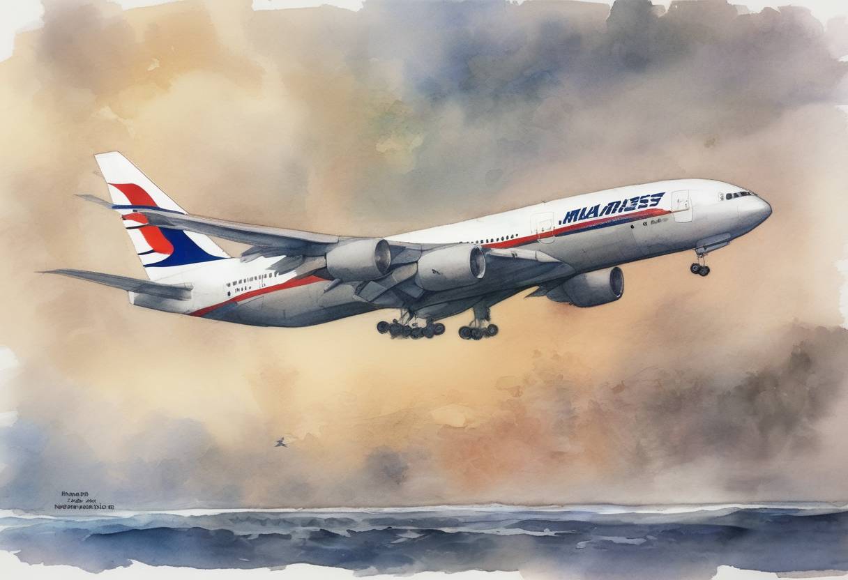 Watercolor painting based depiction of Malaysia Airlines Flight MH370, which disappeared on March 8, 2014, was officially declared missing, leading to one of the largest search operations in aviation history. (2014)