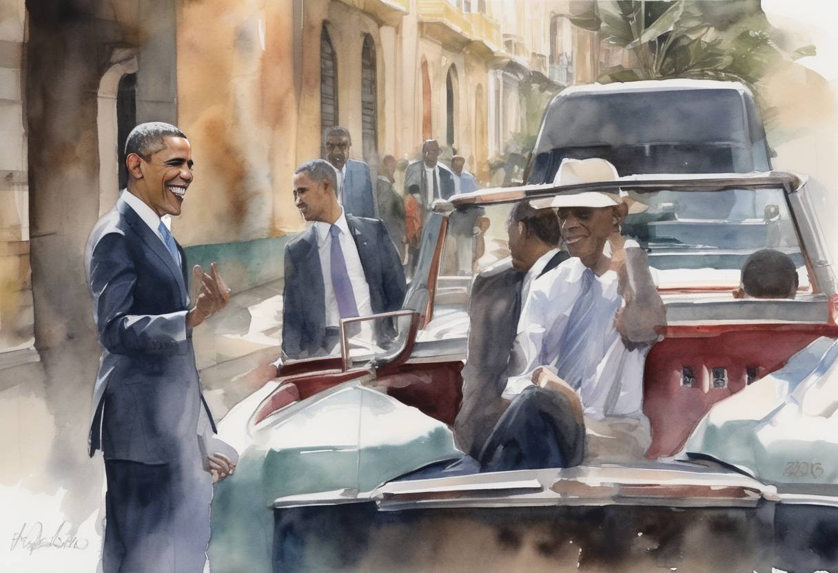 Watercolor painting based depiction of President Barack Obama becomes the first sitting U.S. president to visit Cuba in 88 years, marking a significant step in the thawing of relations between the two countries. (2016)