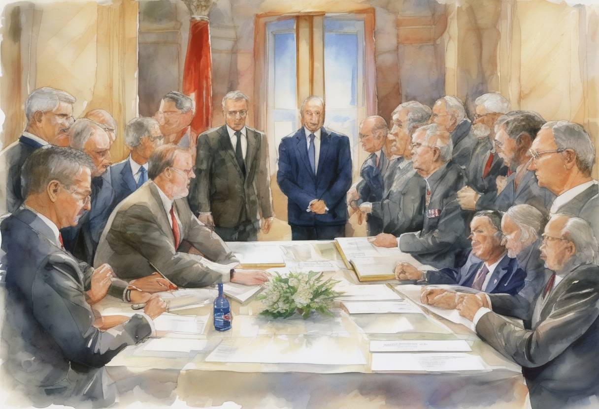 Watercolor painting based depiction of NATO and Russia sign the Rome Declaration, establishing the NATO-Russia Council to foster cooperation and dialogue between the two entities. (2002)