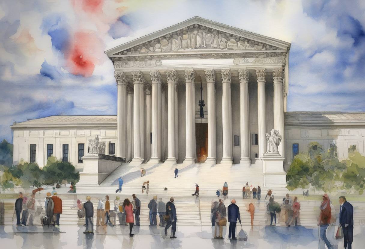 Watercolor painting based depiction of The U.S. Supreme Court delivered its decision in Citizens United v. Federal Election Commission, allowing corporations and unions to spend unlimited amounts on political campaigns. (2010)