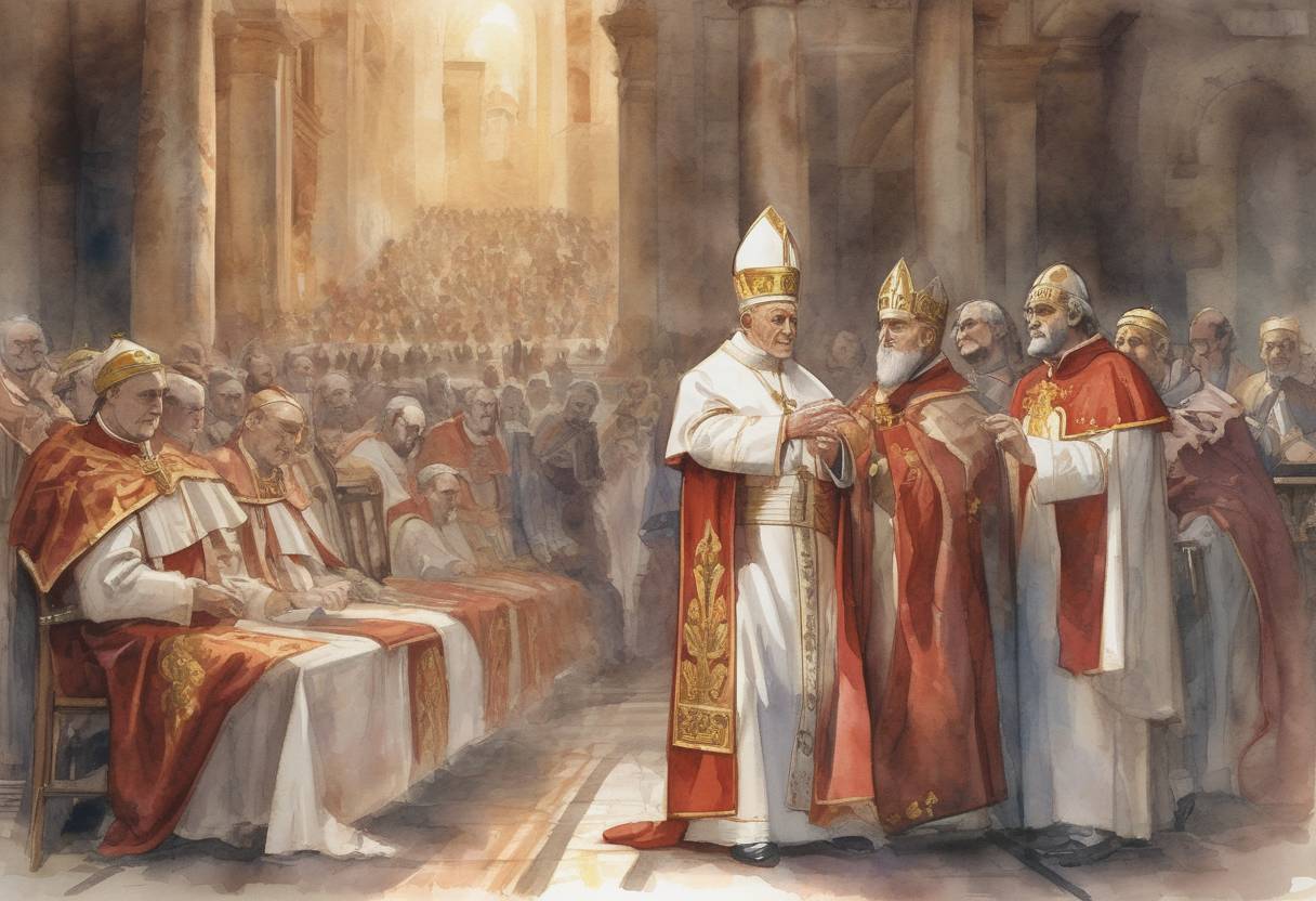 Watercolor painting based depiction of Pope Gregory II was elected as the 89th pope of the Roman Catholic Church. His papacy was marked by his opposition to the Byzantine Emperor Leo III's iconoclasm and his efforts to strengthen the church's influence in Western Europe. (715)