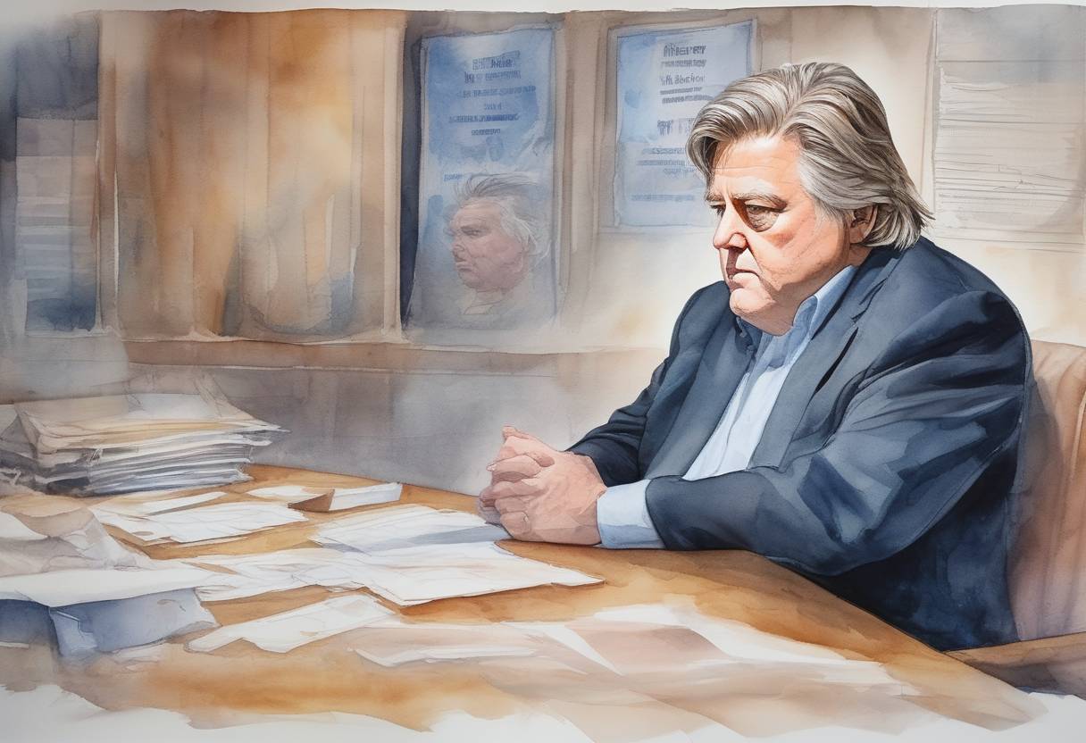 Watercolor painting based depiction of Steve Bannon, former advisor to President Donald Trump, was arrested and charged with fraud related to the 'We Build the Wall' fundraising campaign. (2020)