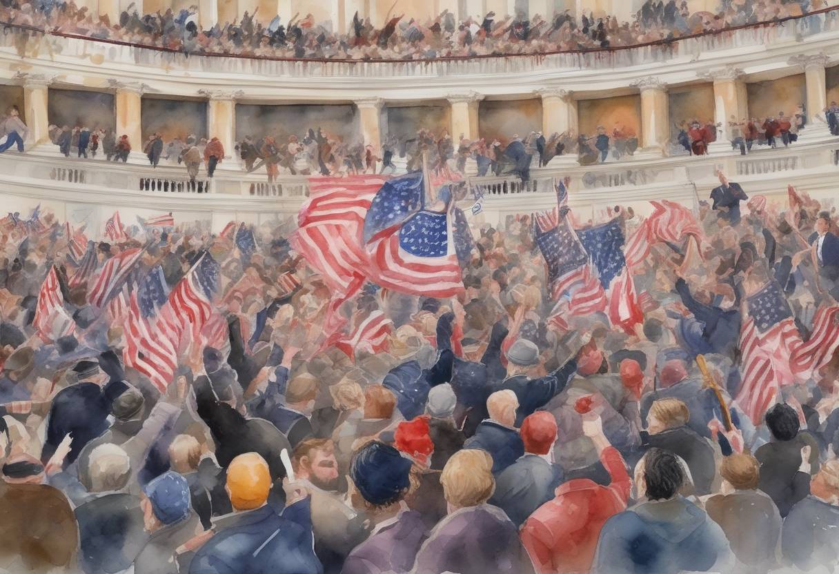 Watercolor painting based depiction of A mob of supporters of then-President Donald Trump stormed the United States Capitol in Washington, D.C., attempting to overturn the 2020 presidential election results. This event led to the evacuation and lockdown of the Capitol, the deaths of five people, and numerous injuries. It resulted in widespread condemnation and the second impeachment of President Trump. (2021)