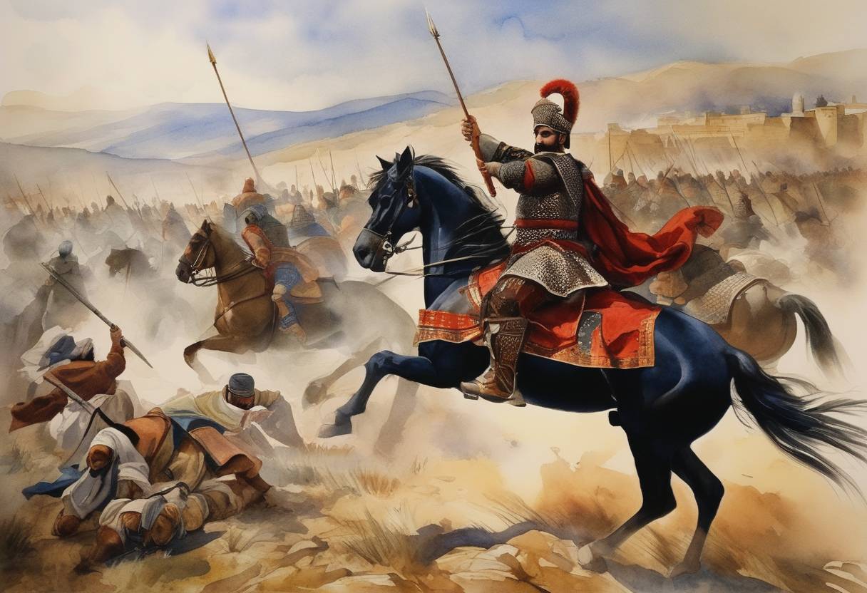 Watercolor painting based depiction of The Battle of Manzikert occurred where the Byzantine Empire, led by Emperor Romanos IV Diogenes, was defeated by the Seljuk Turkish forces under Sultan Alp Arslan, a pivotal moment that weakened Byzantine control in Anatolia and paved the way for the expansion of Turkish power in the region. (1071)