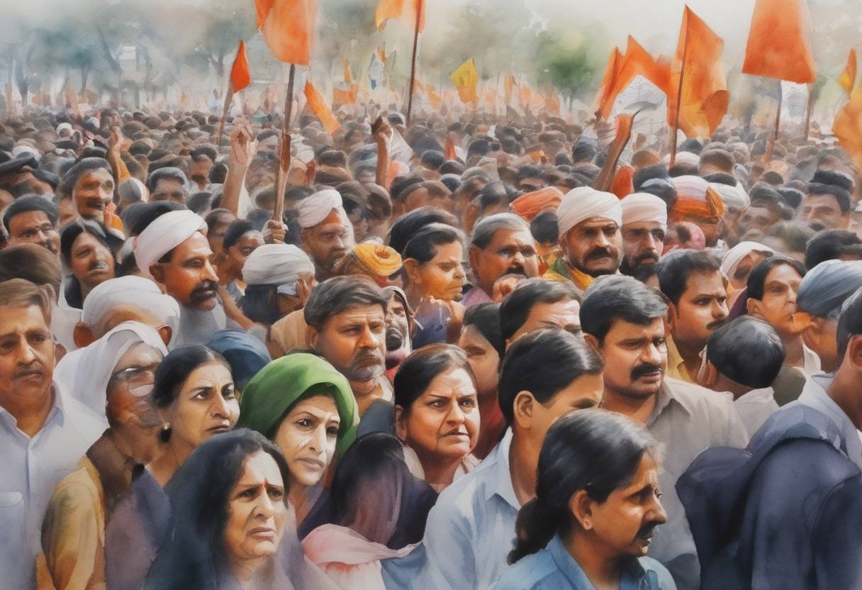 Watercolor painting based depiction of In India, thousands of people participated in protests against the Citizenship Amendment Act, which sparked uproar across the country over concerns of religious discrimination and the integrity of secular citizenship norms. (2019)