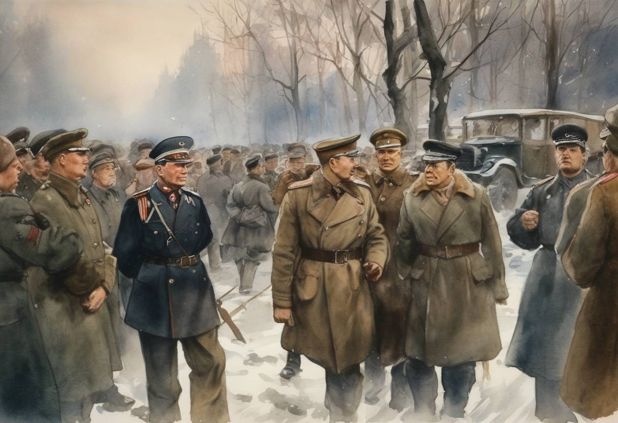 Watercolor painting based depiction of Finland exited World War II, signing an armistice with the Soviet Union. (1944)