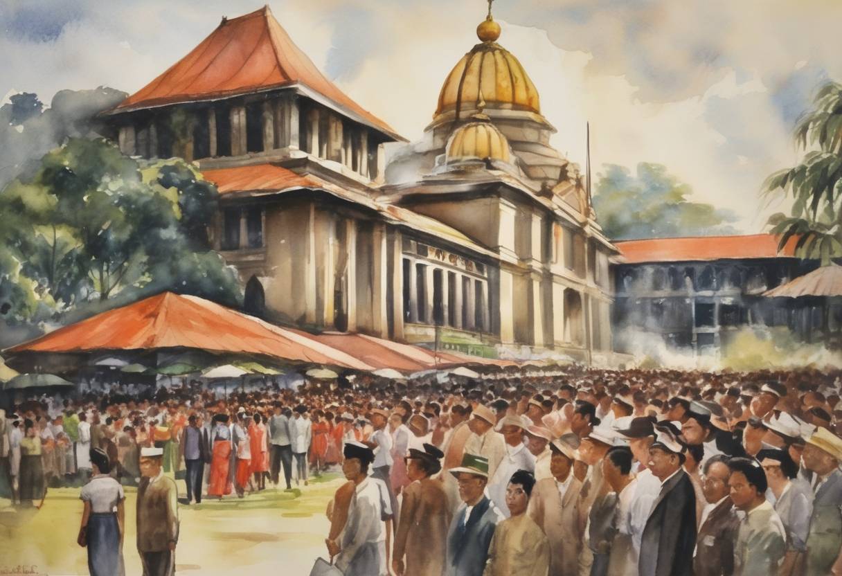 Watercolor painting based depiction of The Federation of Malaya gained independence from the United Kingdom. The event marked the end of British colonial rule and the beginning of self-governance for Malaya, laying the foundation for the formation of Malaysia in 1963. (1957)