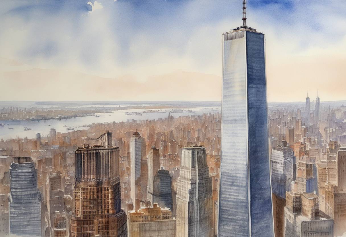 Watercolor painting based depiction of The North Tower of the World Trade Center in New York City is topped out at 1,368 feet, making it the tallest building in the world at the time. (1970)