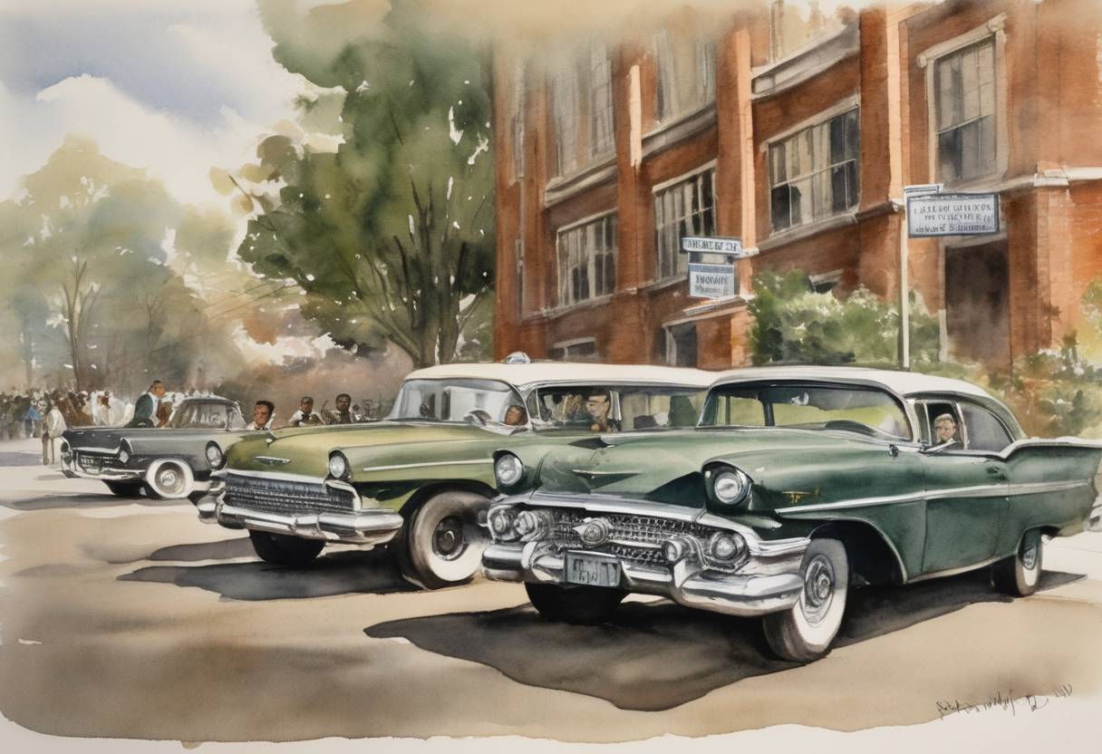 Watercolor painting based depiction of President Dwight D. Eisenhower ordered federal troop escort for the Little Rock Nine to the newly desegregated school, Central High School. (1957)