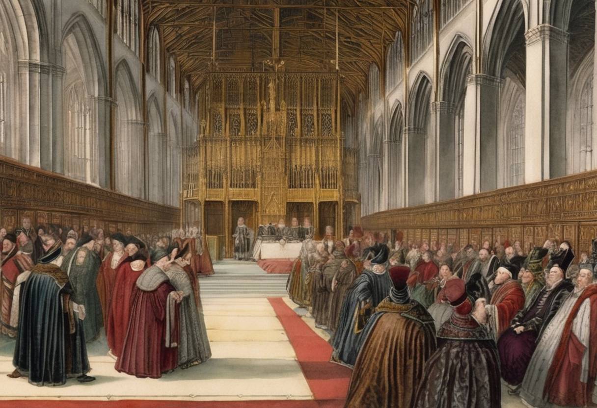 Watercolor painting based depiction of The Parliament of England passed the Act of Submission of the Clergy, part of King Henry VIII's efforts to assert control over the Church in England. This was a significant step in the English Reformation, curbing the powers of the clergy and increasing the authority of the monarchy over religious matters. (1534)