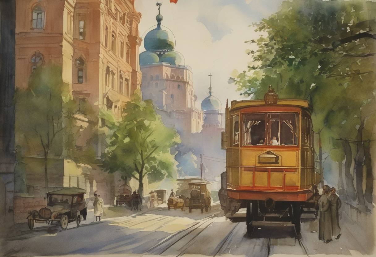 Watercolor painting based depiction of The Soviet Union introduces its first five-year plan to industrialize and rapidly expand its economy. (1928)