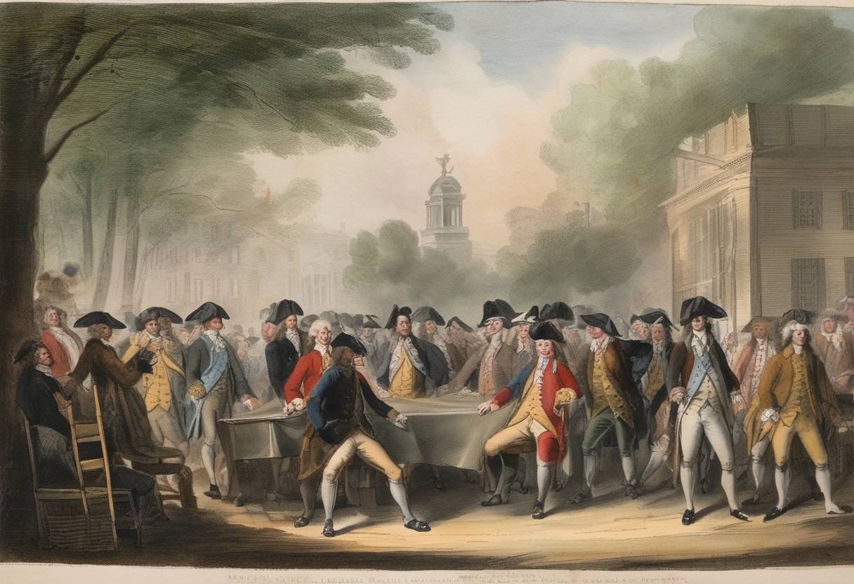 Watercolor painting based depiction of The First Continental Congress created the Continental Association in Philadelphia, setting up a boycott of British goods. (1774)