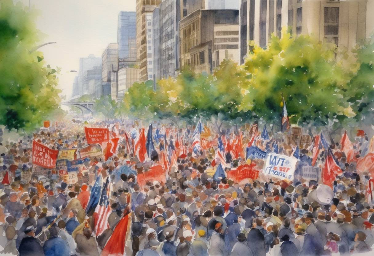 Watercolor painting based depiction of The Seattle WTO protests, also known as the Battle of Seattle, occur as tens of thousands of activists demonstrate against the World Trade Organization's Ministerial Conference of 1999, causing the end of the talks without reaching an agreement. (1999)