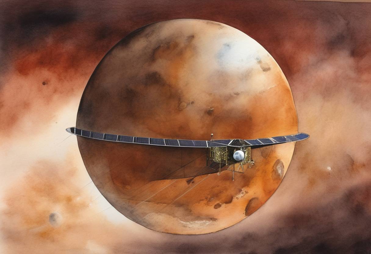 Watercolor painting based depiction of NASA announced that the MAVEN spacecraft had successfully entered Mars' orbit. The Mars Atmosphere and Volatile EvolutioN (MAVEN) mission was designed to study the Martian atmosphere and its interactions with solar winds. (2014)