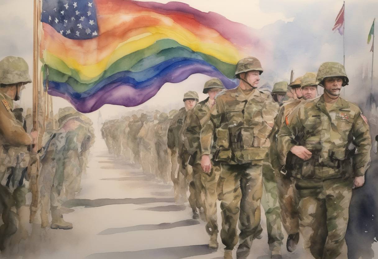 Watercolor painting based depiction of The United States ends its 'Don't Ask, Don't Tell' policy, allowing gay men and women to serve openly in the military. (2011)