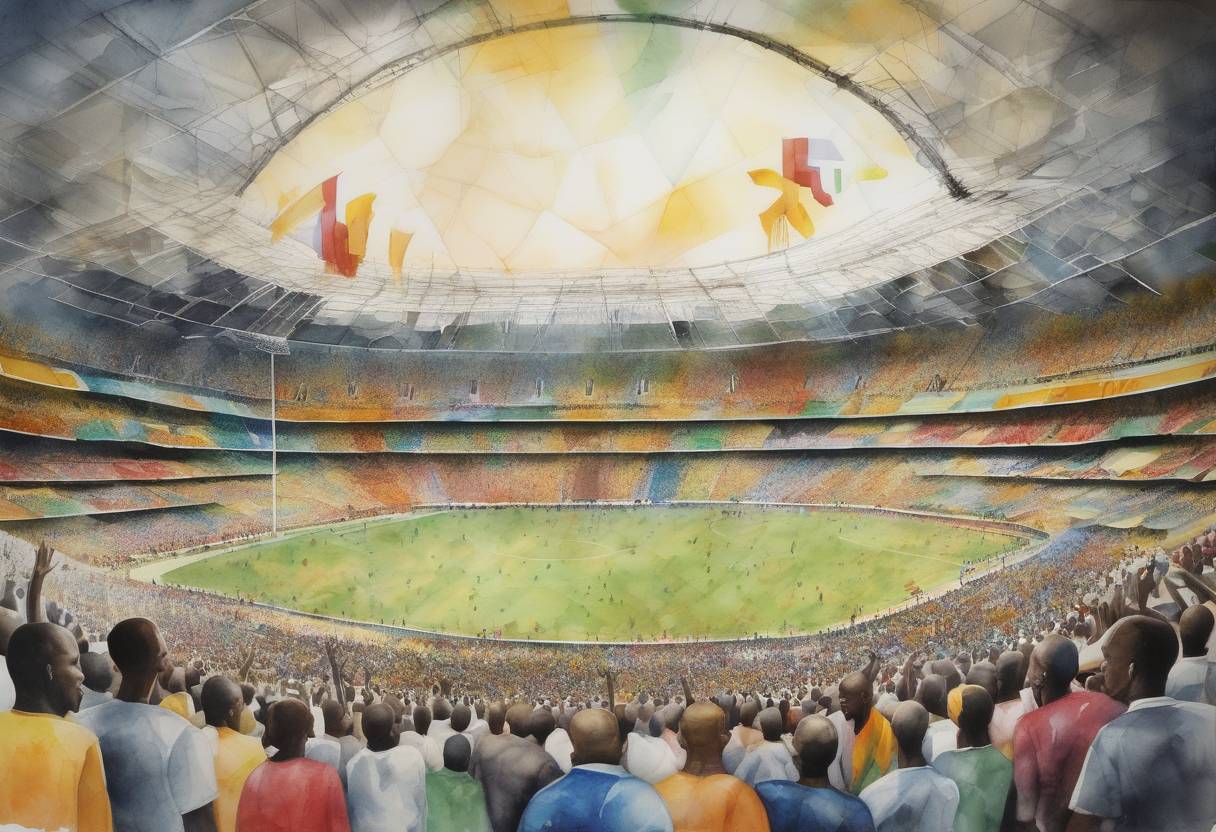 Watercolor painting based depiction of The first African FIFA World Cup kicked off in South Africa, marking a significant moment in the history of the tournament as it was the first time it was held on the African continent. (2010)