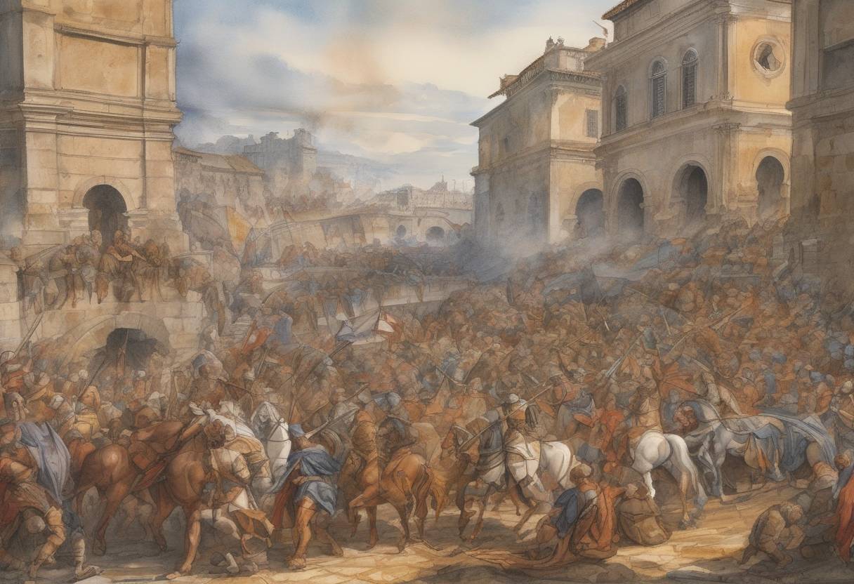 Watercolor painting based depiction of The Sack of Rome by the troops of Charles V, Holy Roman Emperor, marked a crucial moment in the Italian Wars, leading to significant political and cultural shifts in Italy. (1527)