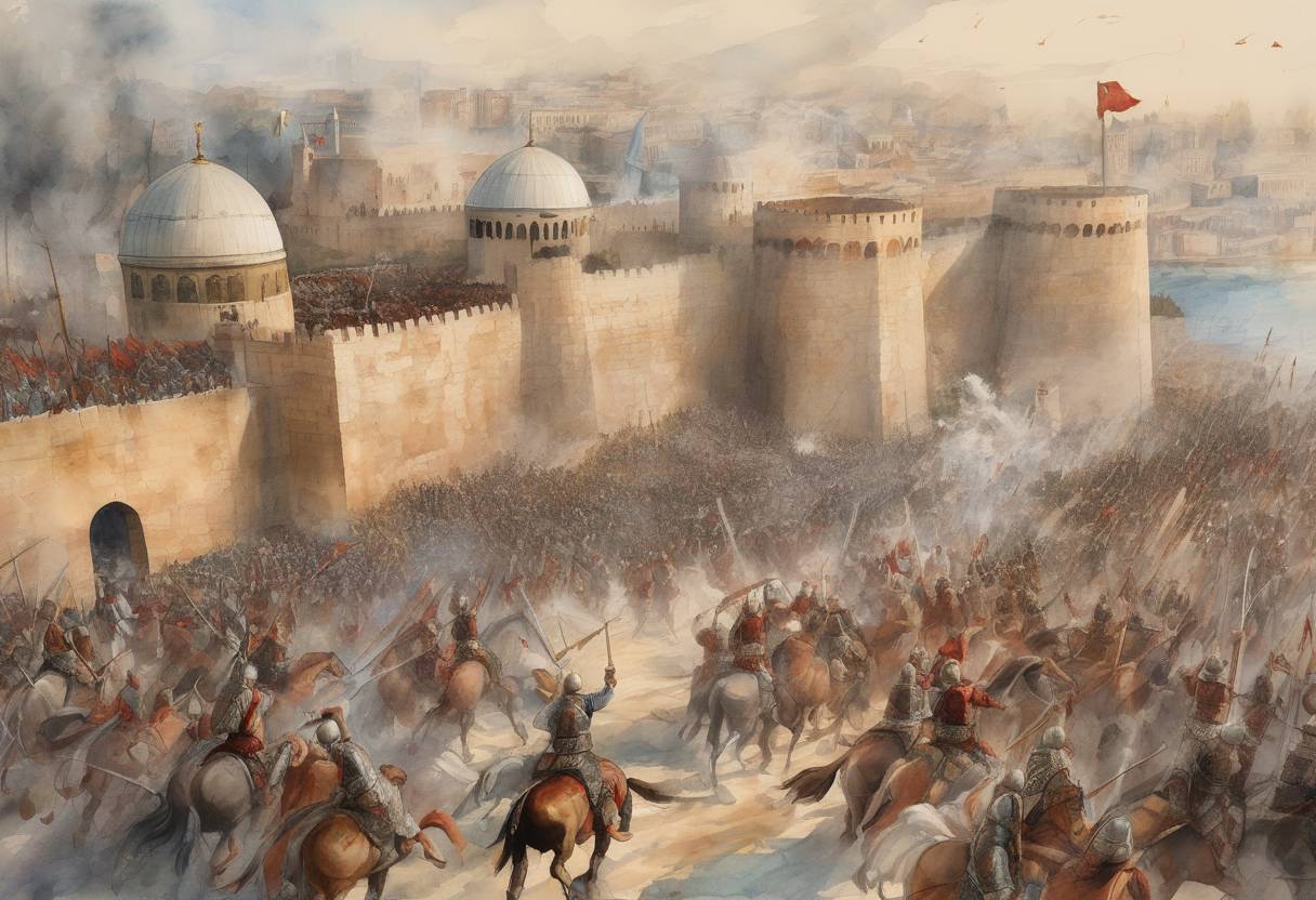 Watercolor painting based depiction of The Second Arab Siege of Constantinople ends as the Arab forces withdraw after failing to capture the city, marking a significant Byzantine victory and halting Arab expansion into Europe. (718)