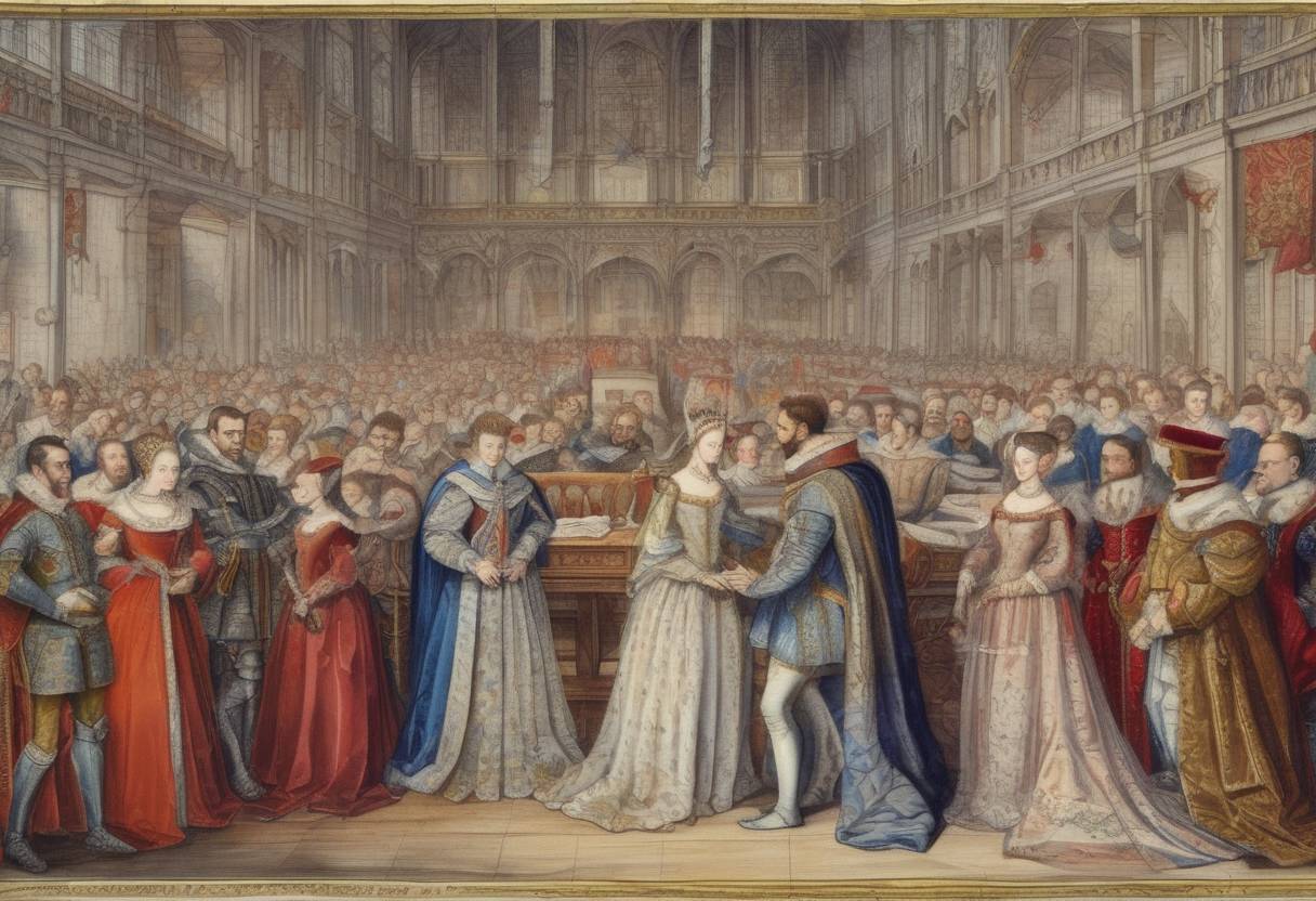 Watercolor painting based depiction of The marriage of Henry of Navarre (the future King Henry IV of France) and Margaret of Valois took place, intended to help reconcile Catholics and Huguenots in France. (1572)