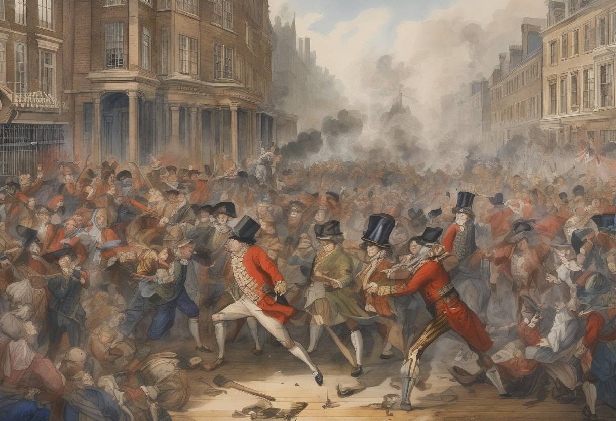 Watercolor painting based depiction of The Riot Act received royal assent in Great Britain, allowing local authorities to declare any group of 12 or more people unlawfully assembled and to disperse them. (1715)