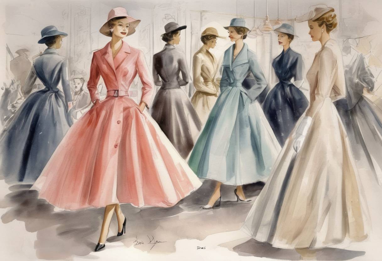 Watercolor painting based depiction of Christian Dior unveils his first collection in Paris, which includes the 'New Look' that revolutionizes women's fashion. (1947)