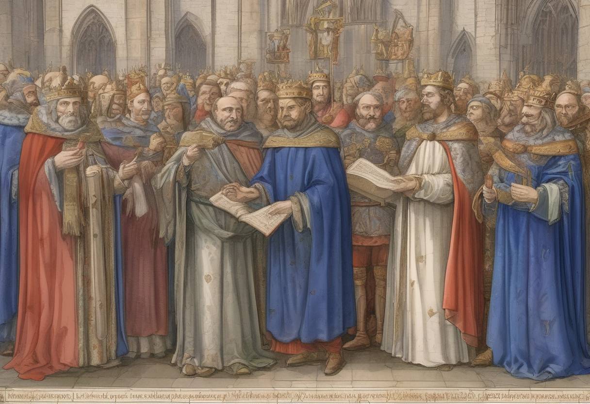 Watercolor painting based depiction of The Oaths of Strasbourg were sworn by Louis the German and Charles the Bald, marking a significant moment in the Carolingian Empire's history. These oaths were mutual pledges of allegiance between the two brothers against their other brother, Lothair I, and are notable for being one of the earliest examples of a document written in a Romance language. (842)