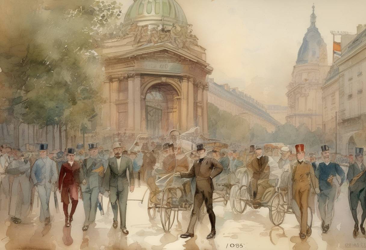 Watercolor painting based depiction of The International Olympic Committee (IOC) was founded at the Sorbonne in Paris, leading to the establishment of the modern Olympic Games. (1894)