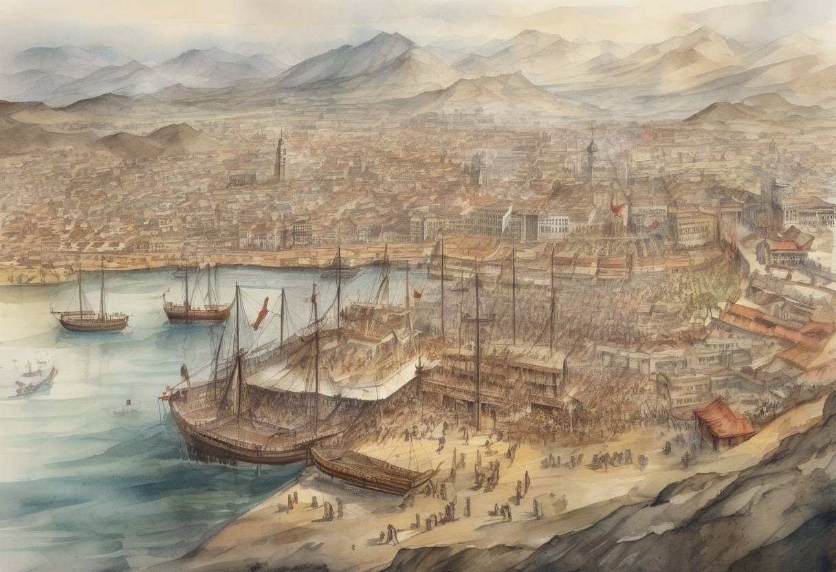 Watercolor painting based depiction of Spanish conquistador Francisco Pizarro founded the city of Lima, which would become the capital of Peru. (1535)